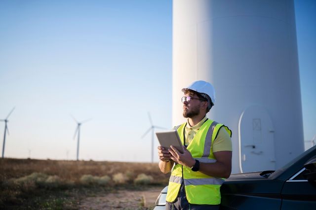 A field worker surveying a wind turbine