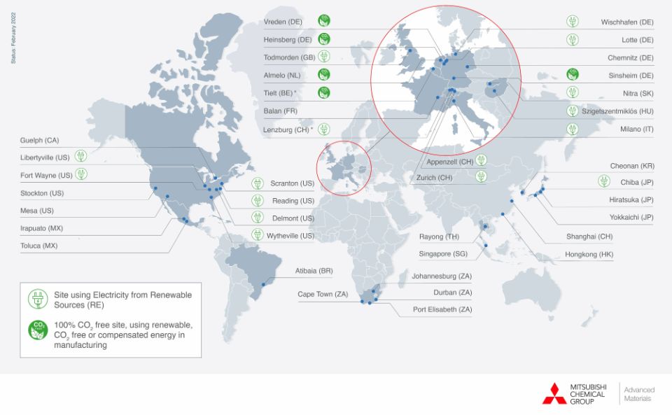 Global overview of Mitsubishi Chemical Advanced Materials’ energy usage and CO2 emissions