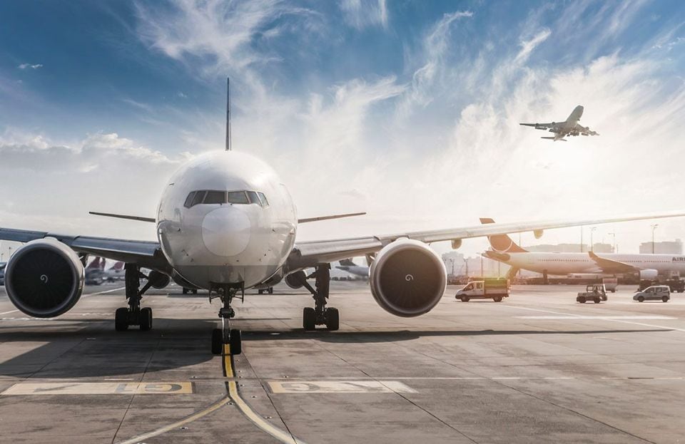 Commercial passenger airplane on the flight line at an airport